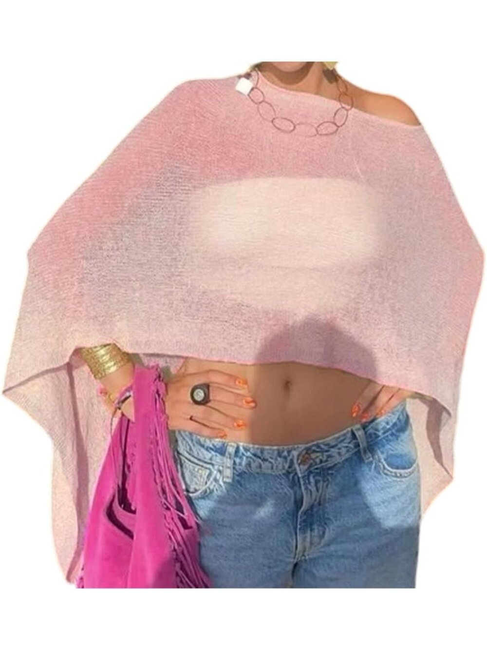 Women's Pink Sheer Poncho Top Knit Crochet Lightweight See Through Shawl